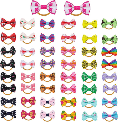 Chenkou Craft 50pcs/25pairs Puppy Yorkie Dog Hair Bows, Rubber Band Pet Grooming Products, Mix Colors & Patterns