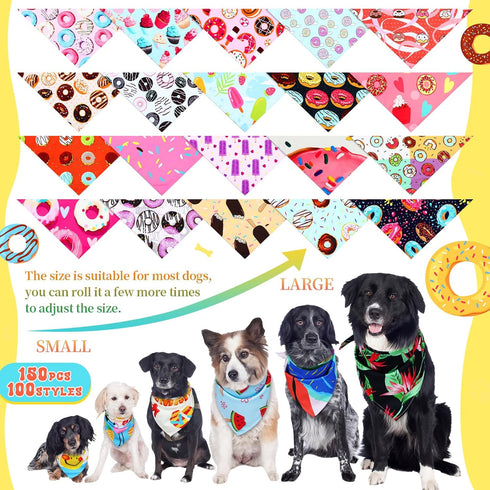 Huhumy 100 Summer Pcs Donut Dog Bandanas Bulk Pet Bibs Colorful Triangle Scarf Donut Pet Bandanas for Medium Large Dogs
