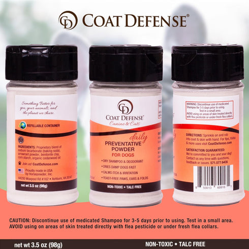 COAT DEFENSE Preventative Powder, 3.5oz Waterless Dog Shampoo & Deodorizer for Smelly Dogs, Made in USA