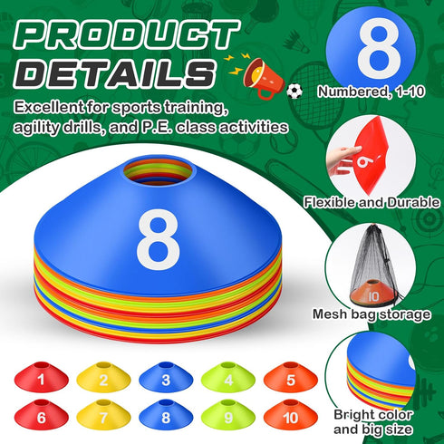 Relaxgiant 10 1-10 Pcs Numbered Sports Disc Cones Soccer Cones with Mesh Carry Bag Flexible Agility Cones Soft Field