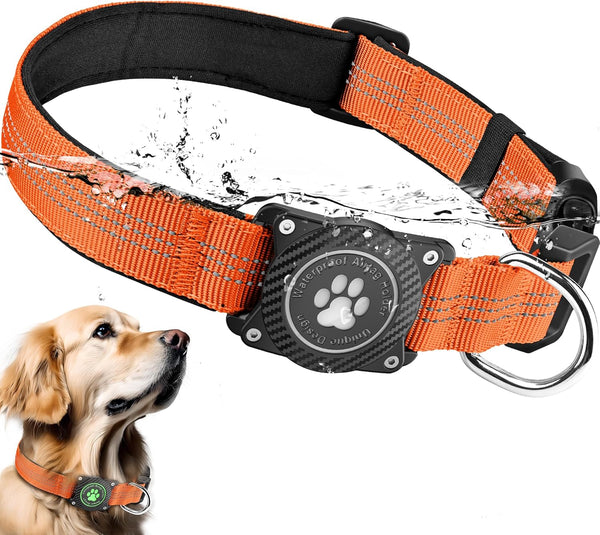 Airtag Dog Collar, Waterproof Holder, Luminous Reflective, Comfortable Padded Adjustable for Small Medium Large Dogs,