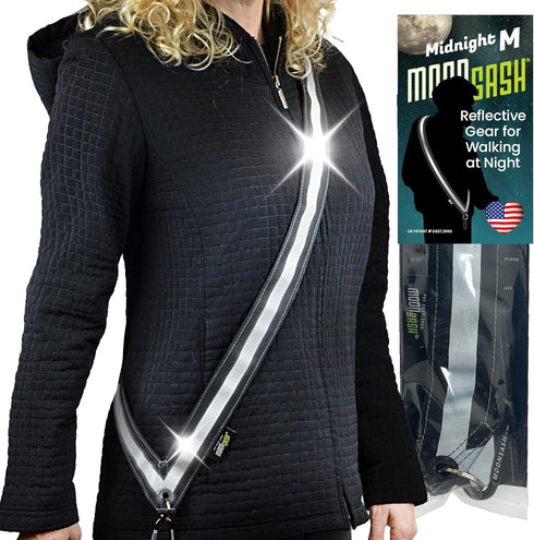 MOONSASH Reflective Sash for Walking at Night, USA-Made, Fitted, Reversible Night Walking Safety Gear for Women & Men