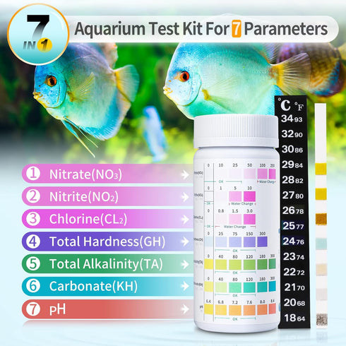 125 Aquarium Test Strips 7 in 1 for Freshwater and Saltwater with Test Tube & Thermometer