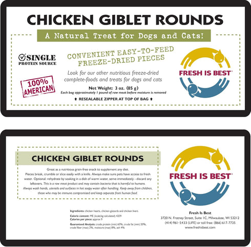Fresh Is Best Freeze Dried Healthy Raw Meat Treats for Dogs & Cats, Chicken Giblets