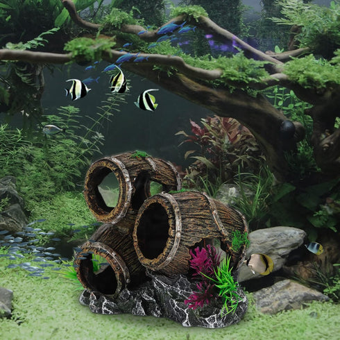 UNEAK Aquarium Decorations, Three Stacked Broken Barrels Ornament for Fish Tank Landscaping, Resin for