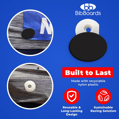 (4pcs) bibSNAPS Race Bib Clips - Safety Lock Fasteners - Secures Running, Marathon, Cycling and Event Number, Non