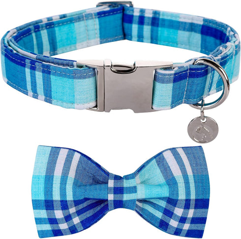 Summer Cotton Plaid Dog Collar with Bow Tie - Comfortable Cute Pet Collar for Small, Medium, and Large Dogs