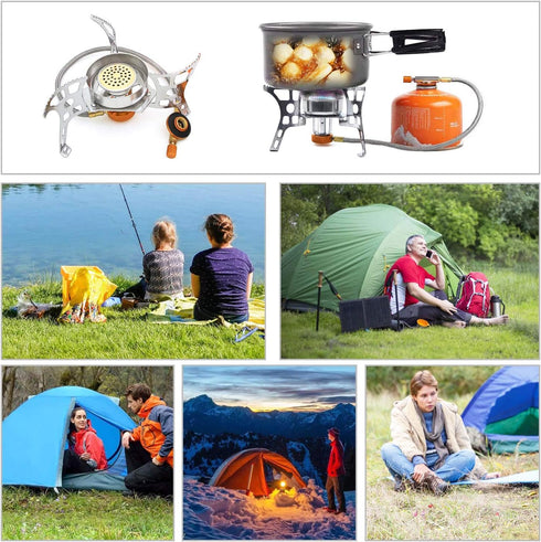 SVNVIOZ Windproof Camping Stove with Piezo Ignition, 2 Fuel Canister Adapters, Plastic Storage Box, Portable Gear for