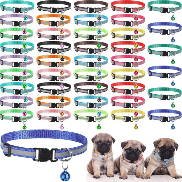 42 Pcs Puppy Collars for Litter, Adjustable ID Collars with Bell for Newborn Dogs and Cats, Reflective