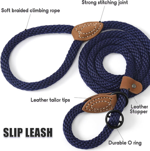 Mile High Life Slip Leads for Dogs | Heavy Duty 4 Feet No Pull Training Leash with Leather Tip | Navy