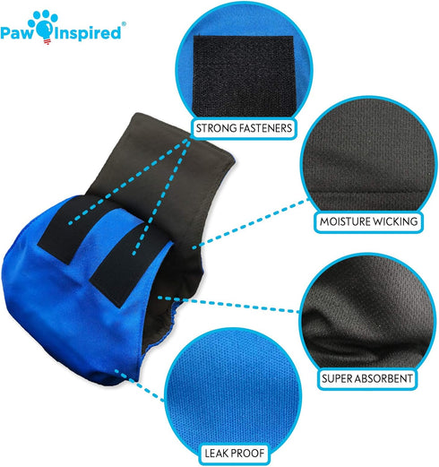 3-Count Pack 3) Paw Inspired Reusable Male Dog Wraps, Washable Diapers for Male Dogs, Belly Bands for Incontinence