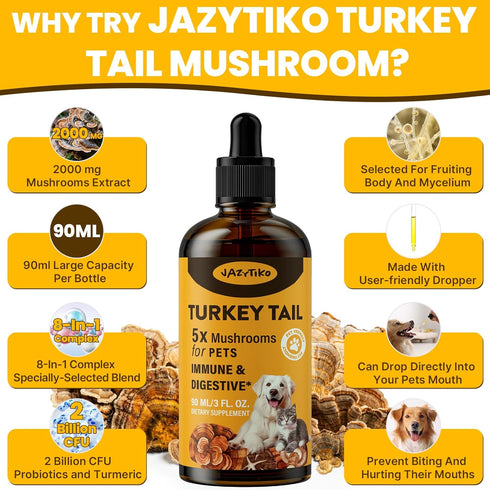 Jazytiko Immune 5X 90 ML Turkey Tail Mushroom for Dogs - for Yeast & Itchy Skin, Turkey Tail Mushroom for & Digestive