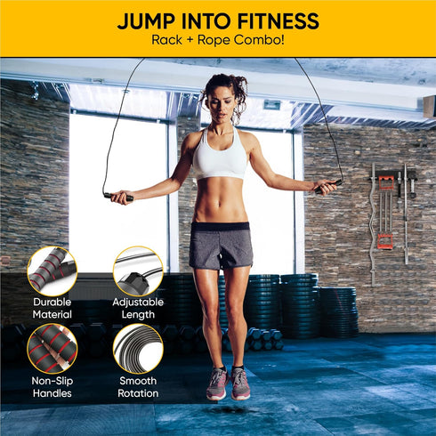 Heavy-Duty Gym Storage Rack + Jump Rope, Wall Mount Organizer for Weights & Gym Equipment
