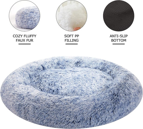 Bedfolks Calming Donut Dog Bed, 30 Inches Round, Fluffy Anti-Anxiety Plush Bed, Machine Washable, Navy Blue