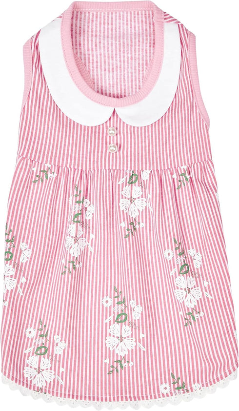 Blueberry Pet Wonderland Floral Sleeveless Dog Dress, Pink Stripe with Peter Pan Collar, Back Length 12", Pack of 1