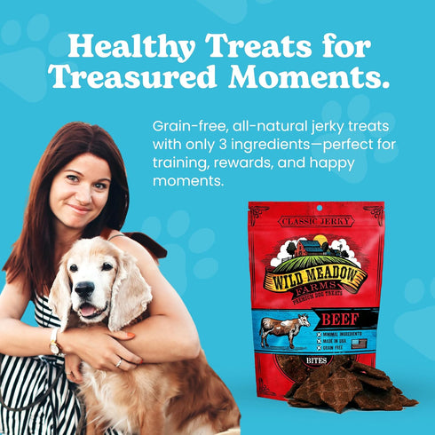 Wild Meadow Farms Classic Beef Bites - Soft Jerky Treats for Dogs - Grain-Free & All-Natural - 3.5 Ounce Pouch