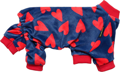 Fitwarm Valentines Day Sweet Hearts Dog Pajamas, Lightweight Velvet Pet Jumpsuit for Small Dogs, Dark Blue, Red, Medium