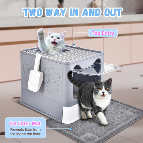 Enclosed Cat Litter Box with Lid Foldable Potty,Drawer Type Extra Large Cover Litter Box with Mat, Kitty Free