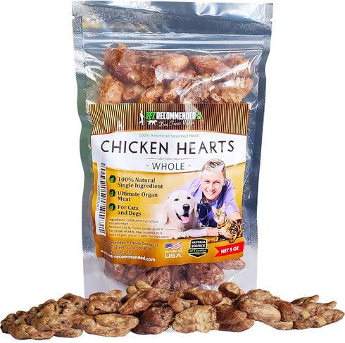 Premium Whole Chicken Hearts for Dogs and Cats - 5oz Bag Freeze Dried Natural Dog Treats, Human Grade