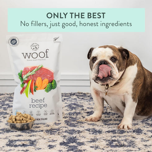 WOOF Freeze Dried Dog Food, Beef Recipe, High Protein, Complete Diet, Dog Food Topper, Mixer, or Treats, 9.9 oz