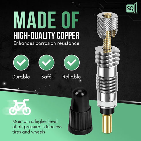 Square1 Presta Valve Core Kit, 10 Universally Compatible Presta Valve Cores, 1 Removal Tool & 10 Caps for Tubeless Bike