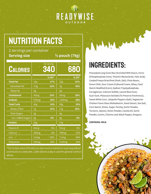 2 1 680 37g 5 ReadyWise Outdoor Pro Adventure Meal - Pork Chile Verde with Beans, Servings, Pouch, Gluten Free