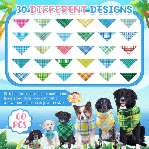 Geyoga 60 Summer Pcs Plaid Dog Bandanas Bulk Hawaiian Pet Scarf Bibs Adjustable Washable Kerchief Seasonal Pet Grooming