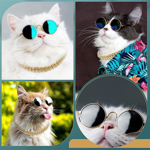 Xuniea 2 Pieces Cat Dog Chain Collar and Sunglasses Set - Rhinestone Collar with Secure Buckle, Gold, Black