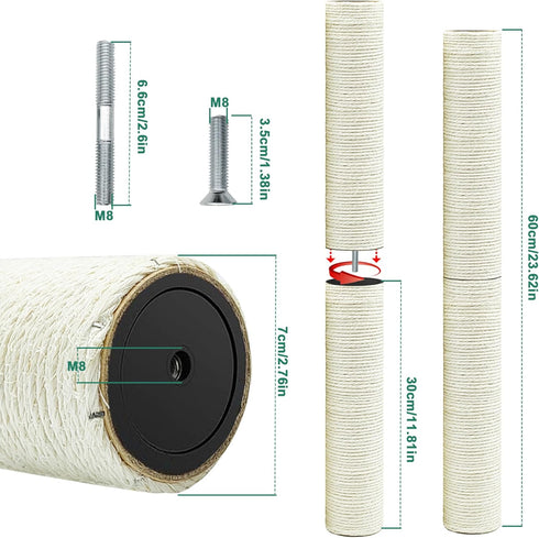 Cat Scratching Post Replacement pole,2 PCS 11.81in Cat Tree Replacement Post,Natural Sisal Cat Tree Replacement Parts with M8 Screws,Cat Scratch Post Replacement for Refurbishment (11.8in/30cm)