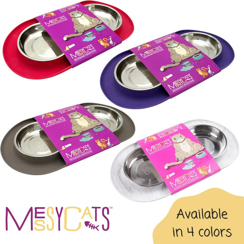 Messy Cats Double Silicone Feeder with Stainless Saucer - Anti-Slip Non-Skid Cat Food Bowls, 1.75 Cups per Bowl