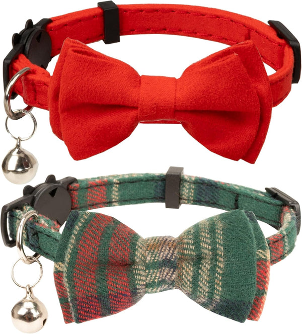 Breakaway Collar for Cats with Bell, Bowtie Floral Bow Detachable Adjustable Safety Puppy 2pcs Christmas-A