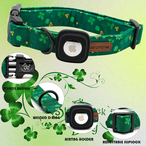 Elegant little tail Airtag Dog Collar, St Patrick's Day Pet Collar with Airtag Holder, Adjustable Cute Puppy Collar for