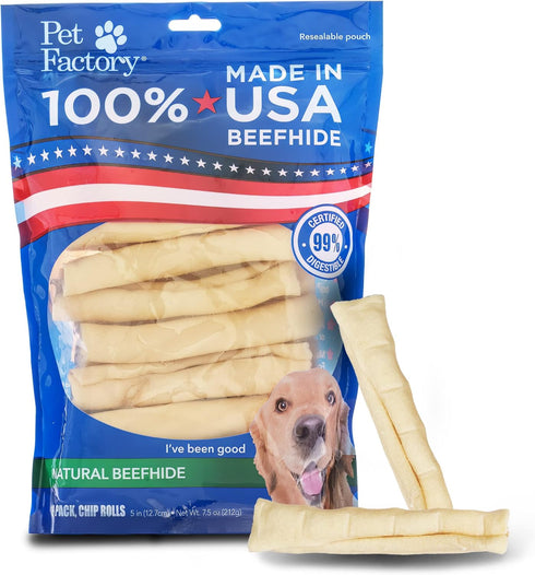 Pet Factory 100% Made in USA Beefhide 5" Chip Rolls Dog Chew Treats, Natural Flavor, 18 Count