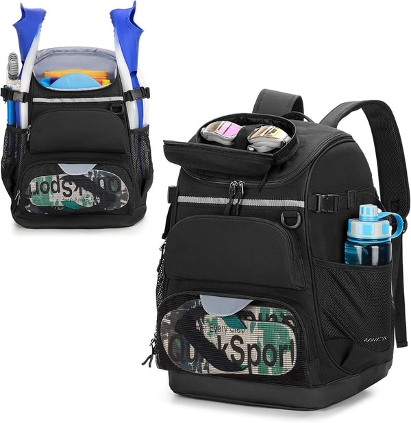 Swim Backpack with Separate Shoe Space, Swim Gear Bag for Swimming Pool and Beach, Black Sports Backpack
