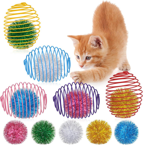 Jecery 5 Pcs Cat Spring Toys Stretchable Rolling Balls Colorful Playful Coils