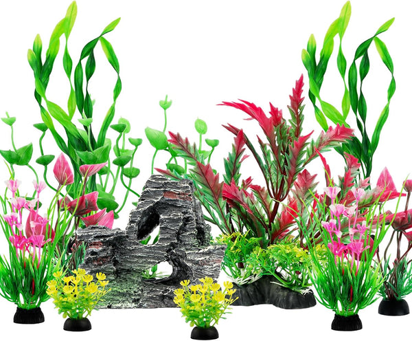 12pcs Colorful Fish Tank Accessories, Artificial Plants and Cave Rock Decor Set for Aquarium Decorations
