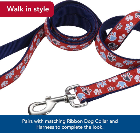 Coastal Pet Ribbon Dog Leash, Durable Fade-Resistant Nylon Material, Red with Paws, 1" x 6'