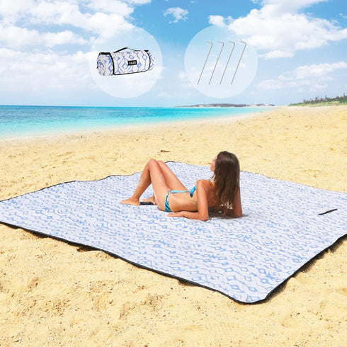 ZAZE Beach Blanket, Waterproof Sandproof Picnic Blanket with Stakes, 80 * 80 Oversized Mat for Outdoor Camping