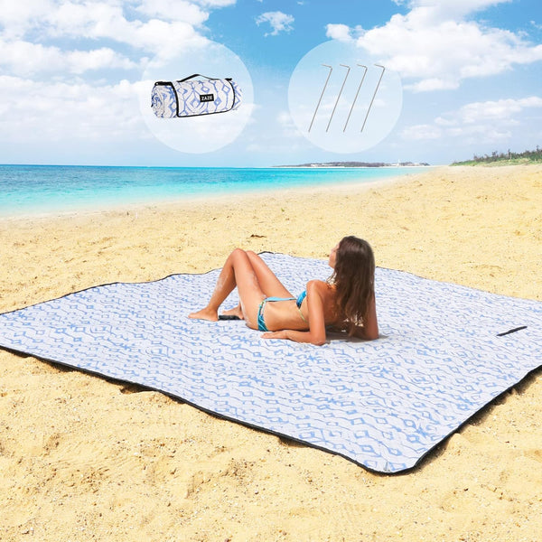 ZAZE Beach Blanket, Waterproof Sandproof Picnic Blanket with Stakes, 80 * 80 Oversized Mat for Outdoor Camping