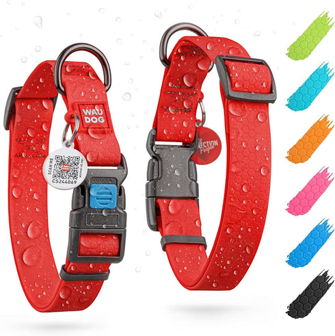 WAUDOG Waterproof Dog Collar - Adjustable Breakaway Collar for Large, Medium & Small Dogs with QR Dog Tag, Red