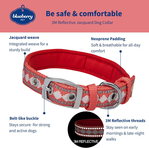 Blueberry Pet Reflective Jacquard Dog Collar - Soft & Adjustable Safety Collar - Coral, Neck 17-20.5"