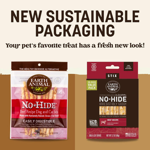 40 Count Pack Earth Animal No Hide Stix - Long Lasting Rawhide Free Small Dog Chews Sticks, Beef - Extra Value