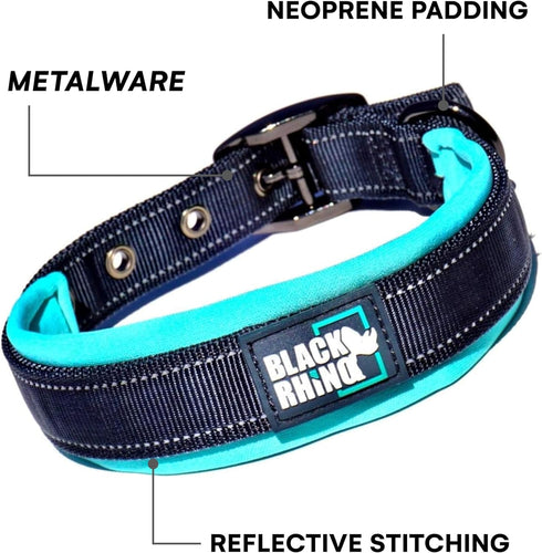 Black Rhino Adjustable Reflective Dog Collars for Medium Dogs - Heavy Duty with Ultra-Soft Neoprene Padding - Aqua and