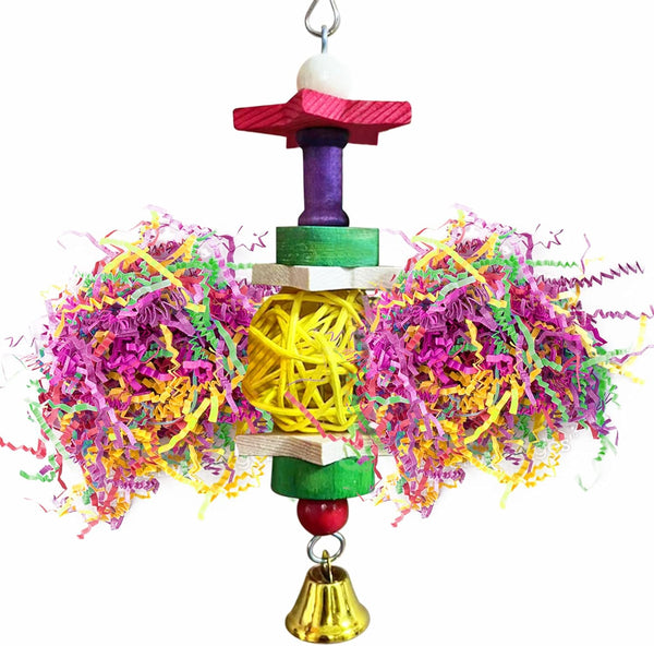 SunGrow Parakeet Toy - Brightly Colored Hanging Toy Made of Rattan, Wood, and Shredded Paper for Small Parrots
