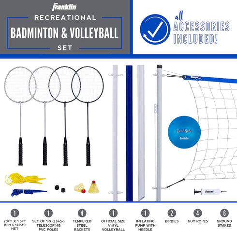 Sets Set Franklin Sports Volleyball + Badminton - Beach + Backyard Game - Volleyball, Pump, Badminton Rackets, Birdies