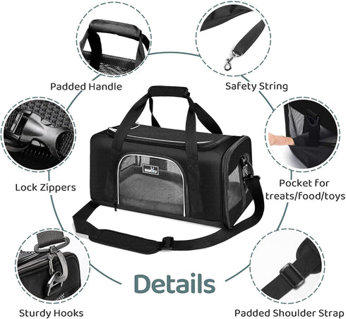 TSA Approved Pet Carrier - Soft Dog Carrier for Small Medium Cats and Dogs, 4 Mesh Windows, 3 Entrances, Black