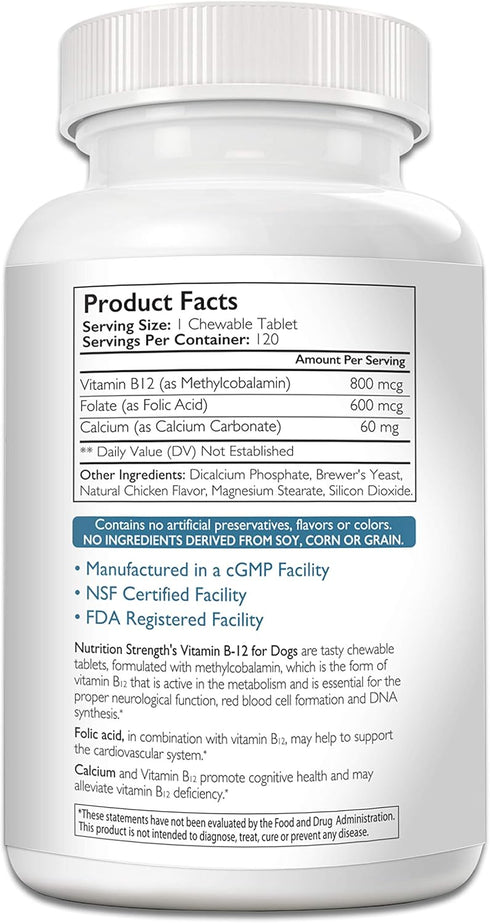 Vitamin B12 for Dogs: Plus Folate & Calcium, Supports Nervous System, Blood Cell Formation, 120 Chewable Tablets