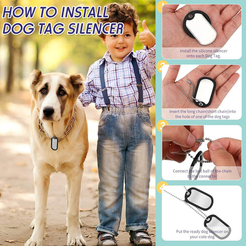 Weewooday 8 Pcs Dog Tag Silicone Silencer with 4 Stainless Steel Chain, Black Army Pet Tags Cover