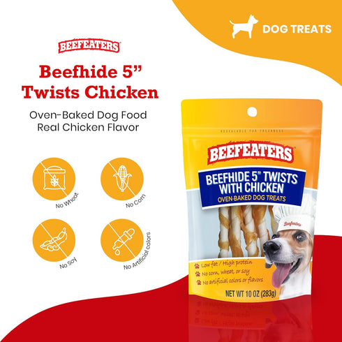 Beefeaters Beefhide 5in Twist with Chicken Dog Treats, 10 oz, High Protein, Low Fat, Promotes Clean Teeth