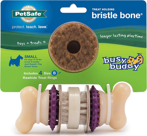 PetSafe Busy Buddy Bristle Bone, Treat-Holding Toy for Dogs with Treat Rings Included, Purple, Small